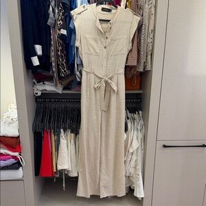 MINKPINK Beige Sleeveless Button-Front Maxi Dress with Tie Waist